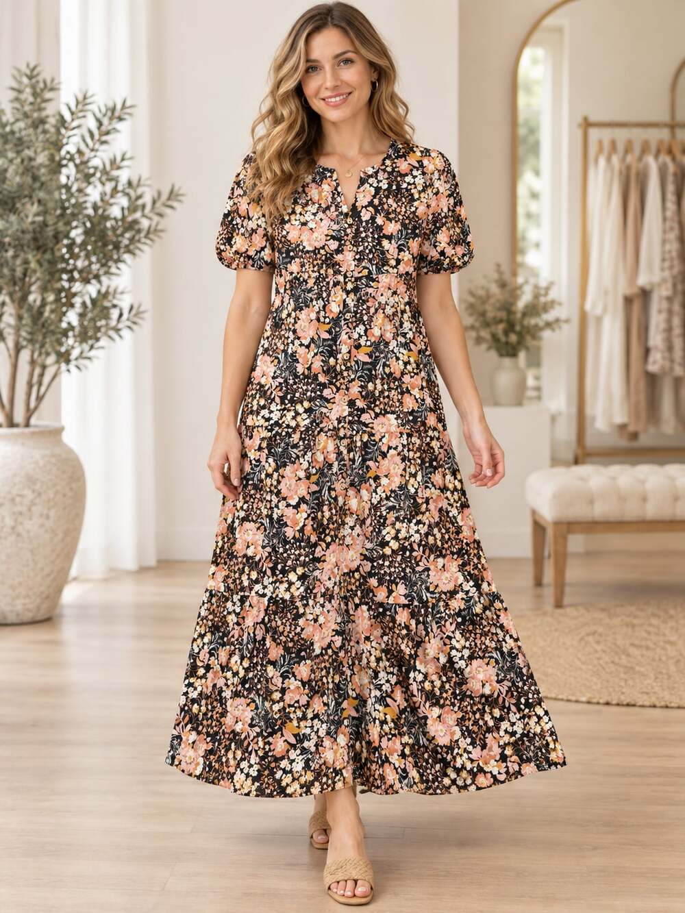 Polagram Ditsy Floral V-Neck Puff Sleeve Tiered Maxi Dress Small